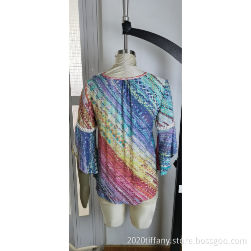 Colorful Printing Lace Neckline Blouse For Ladies